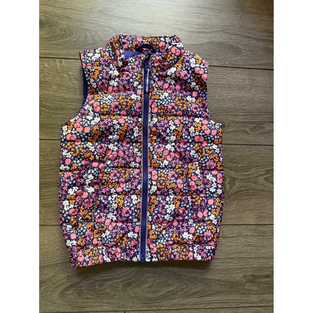 Old Navy Girls Floral Puffer Vest Purple Orange Pink Quilted Zip Up Size S 6-7